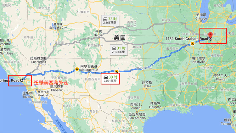 美西到IND9有2071英里，30个小时的车程