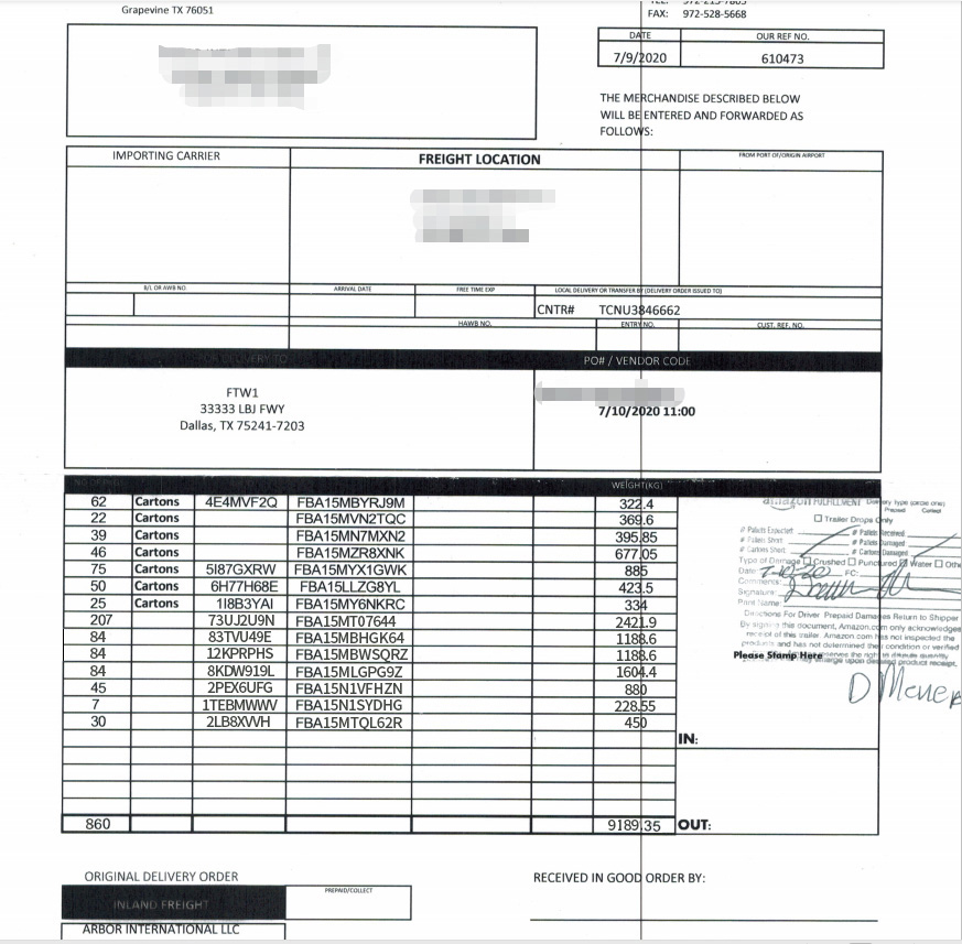 ONT8 POD签收单 开船后15天入仓