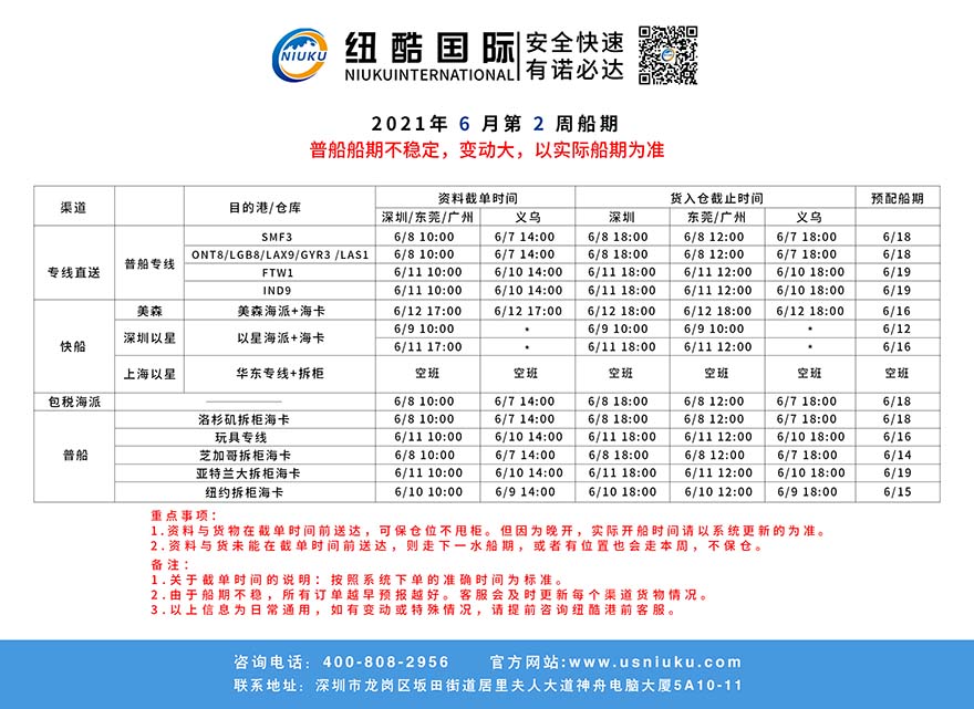 纽酷国际6月第二周船期表