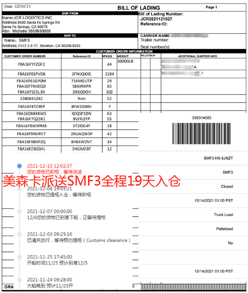 美森正班船卡派SMF3开船后全程19天入仓